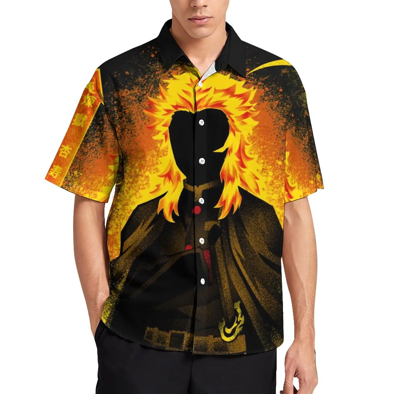 

Аниме Demon Slayer блузки мужские Hashira Kyojuro Hashira повседневные рубашки Гавайский дизайн с короткими рукавами Y2K оверсайз пляжная рубашка подарок