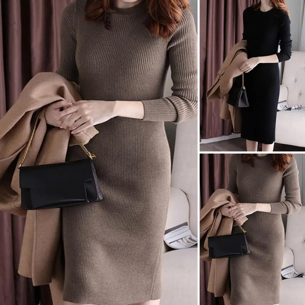 

Lady Dress Solid Color Bodycon Keep Warm Elastic Anti-pilling Lady Dress Women Autumn Dress for Dating