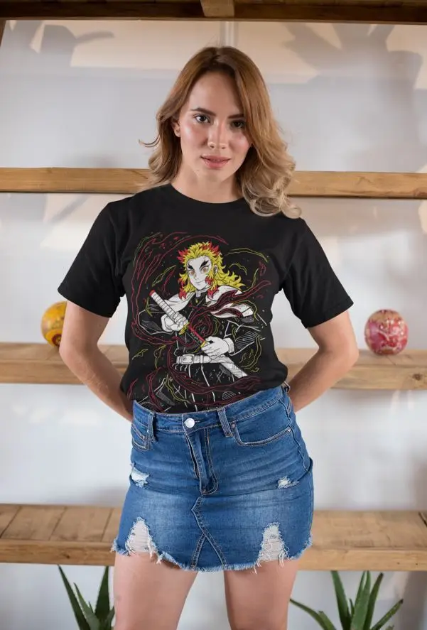 Футболка Kyojuro Rengoku Demon Slayer: Kimetsu no Yaiba Anime Sayaer черная рубашка всех размеров