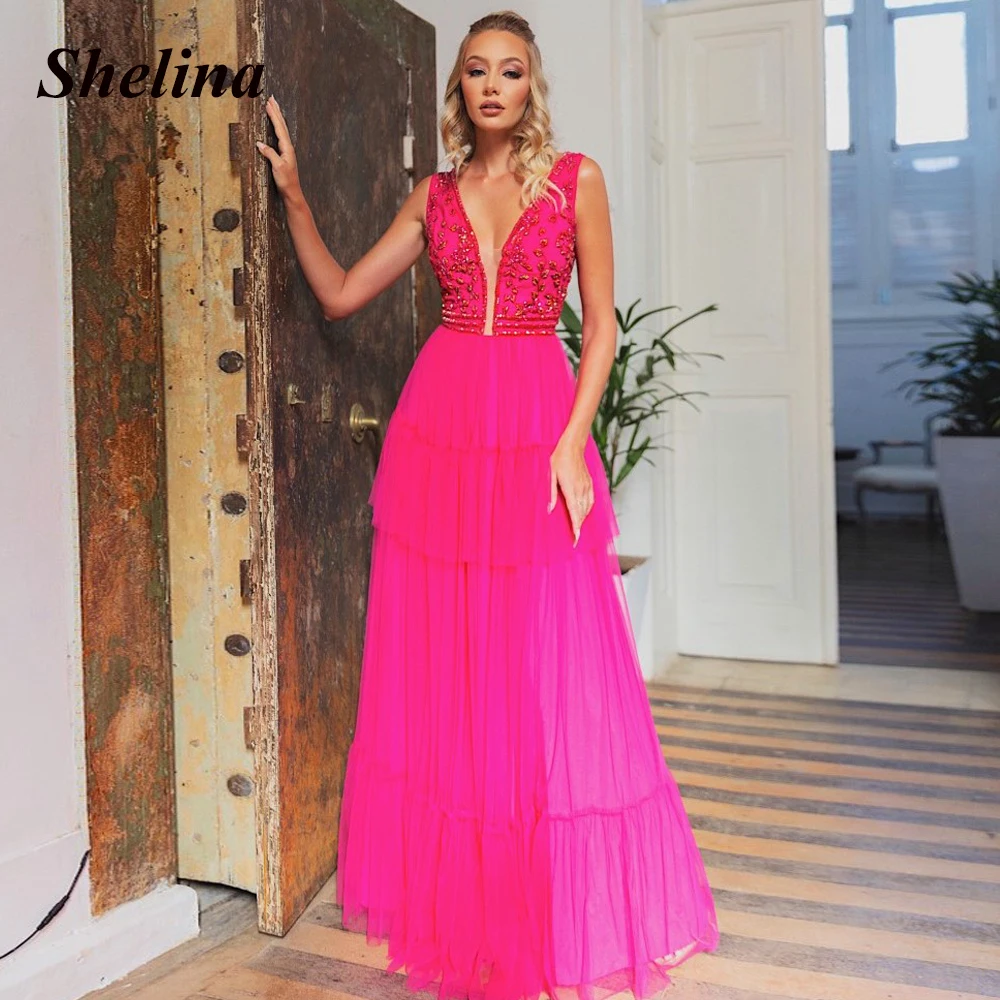 

Classic Sequins Formal Evening Dresses V-neck Sleeveless A-line Appliques Prom Gown Vestidos Robes De Soirée Made To Order