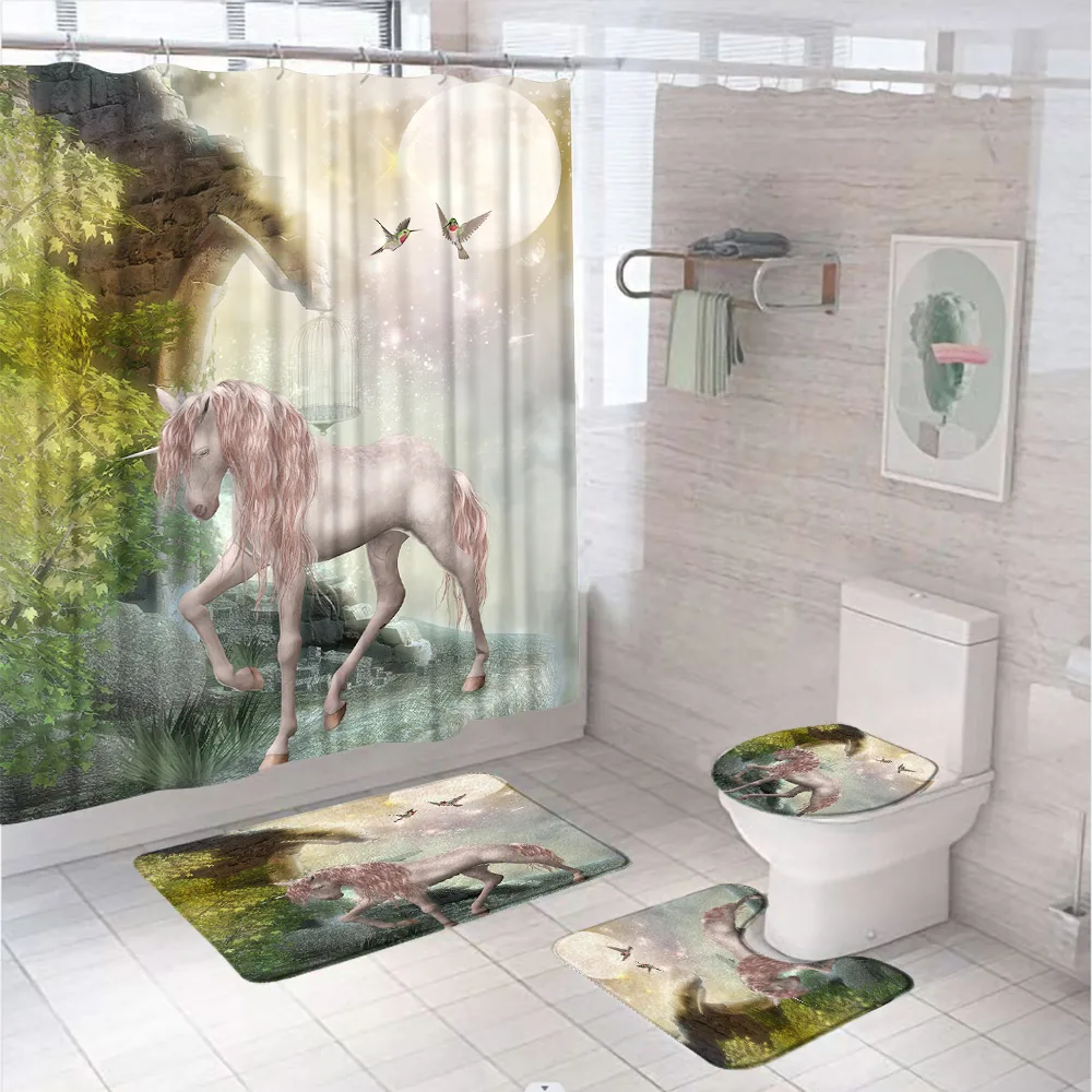 

Unicorn Psychedelic Scenery Shower Curtain Sets Birds Moon Full Cute Kids Bathroom Curtains Anti-Slip Rugs Toilet Cover Bath Mat