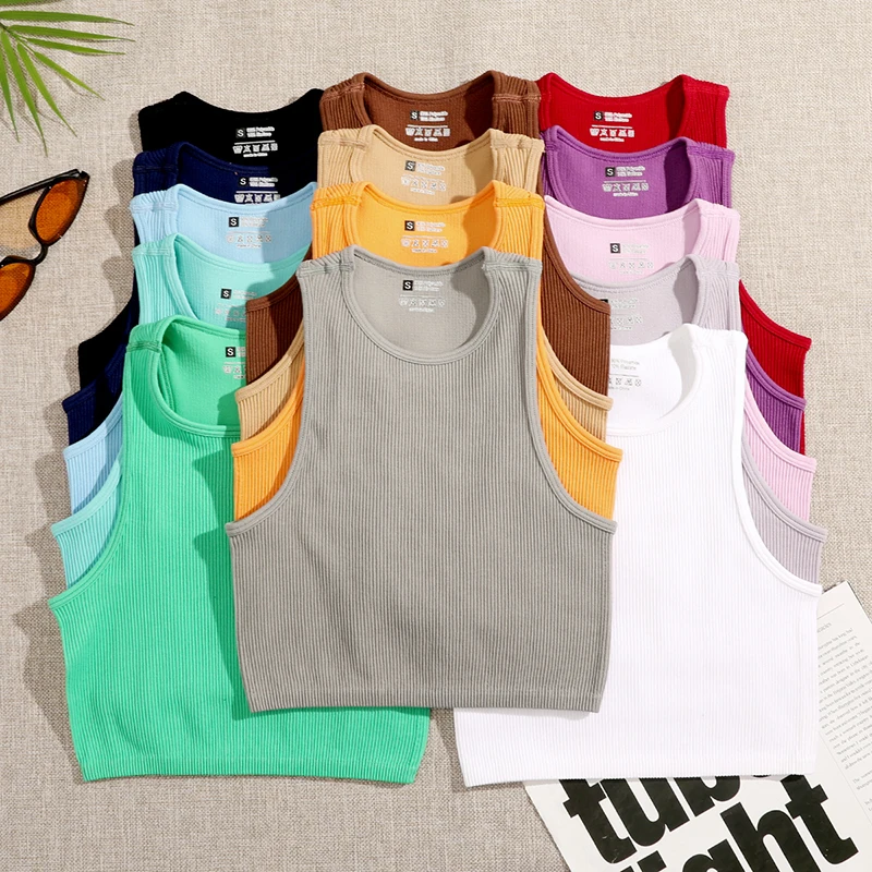 

JIERAN Crop Top Women Solid Basic T-shirts Vest Seamless Streetwear Elastic Rib-Knit Sleeveless Casual Tank Tops Female
