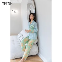 yftnh sleepwear for women silk pajamas sets fashion printing long sleeve button down shirt and night pants outfits soft homewear