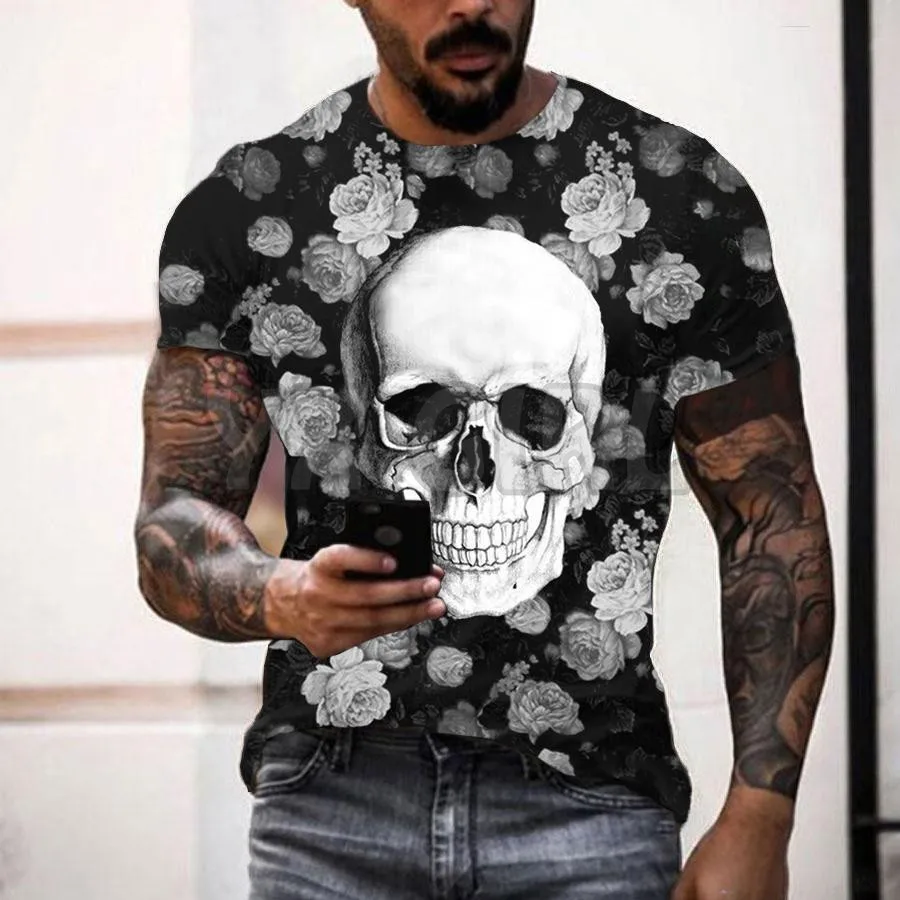 

2022 Summer Black And White Skull Rose Art 3D All Over Printed T Shirts Tee Tops shirts Unisex Tshirt