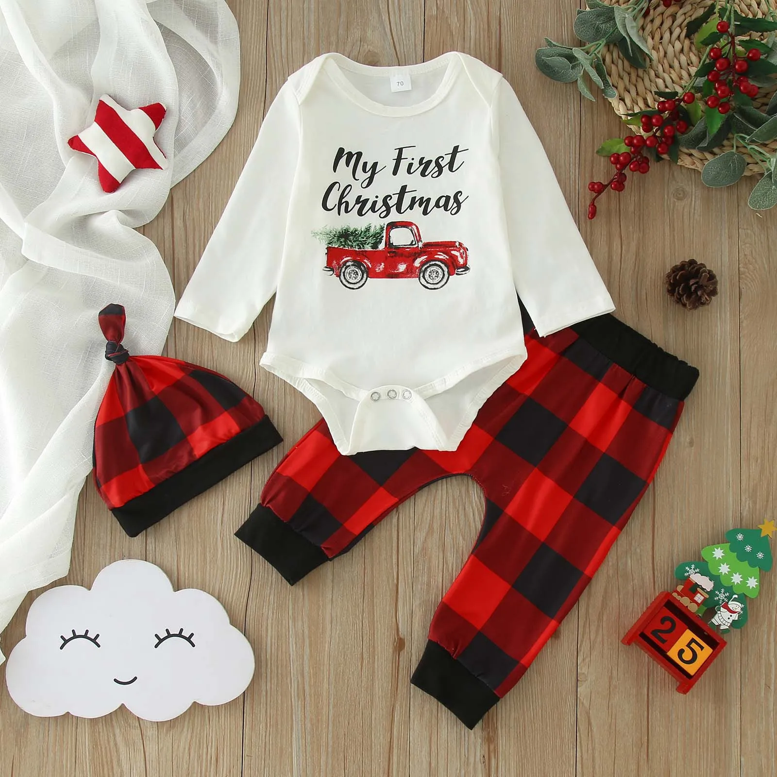 

Infant Newborn Baby Girl Boy Christmas Outfits Long Sleeve Romper+Plaid Pants+Hat 3pcs Set Christmas Clothes For Baby 0-12Months