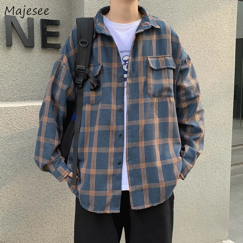 

Shirts Men Spring Chemise Homme Casual Basic Male Thin All-match Plaid Stylish Harajuku Pocket Loose Streetwear Ropa Para Hombre