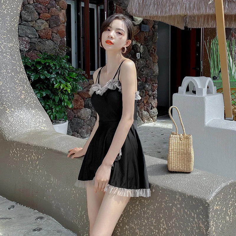 New One-Piece Swimsuit Women's Conservative Skirt Style Boxer Small Chest Gathering Fairy Fan Hot Spring Swimming