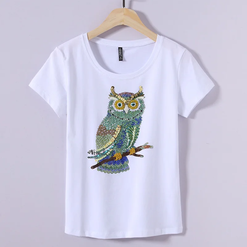 

New round-necked handmade beaded owl trendy t-shirt looks slimmer black