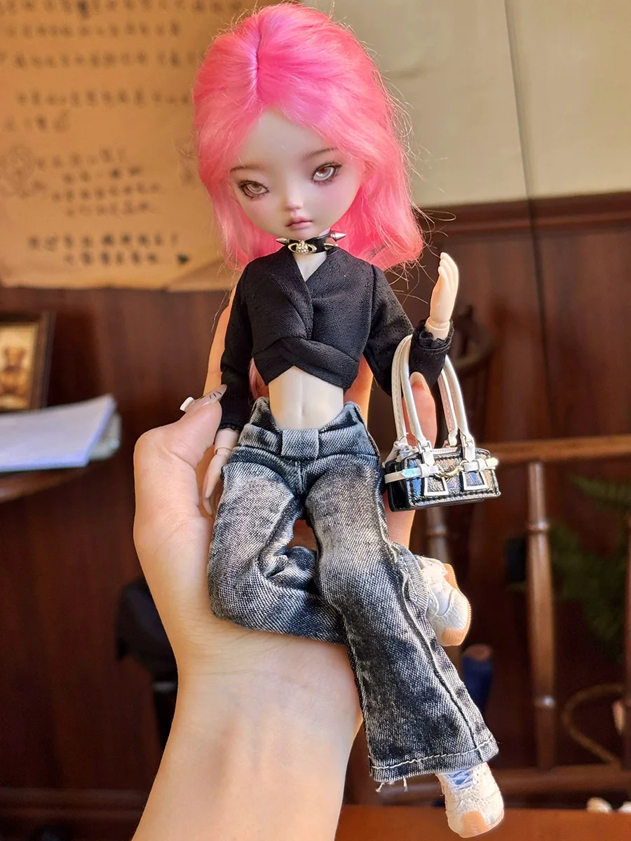 Фото Комплект одежды для кукол BJD в масштабе 1/6: джинсовые брюки с бантом [микро-клеш], укороченная рубашка с длинными рукавами для моделей ob22, ob24, для самостоятельного изготовления игрушек №5