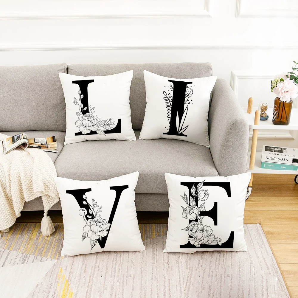 

Black English Alphabet Print Pillowcase Peony Flower Cushion Cover Nordic Modern Home Decoration Decor Sofa Bed Throw Pillow