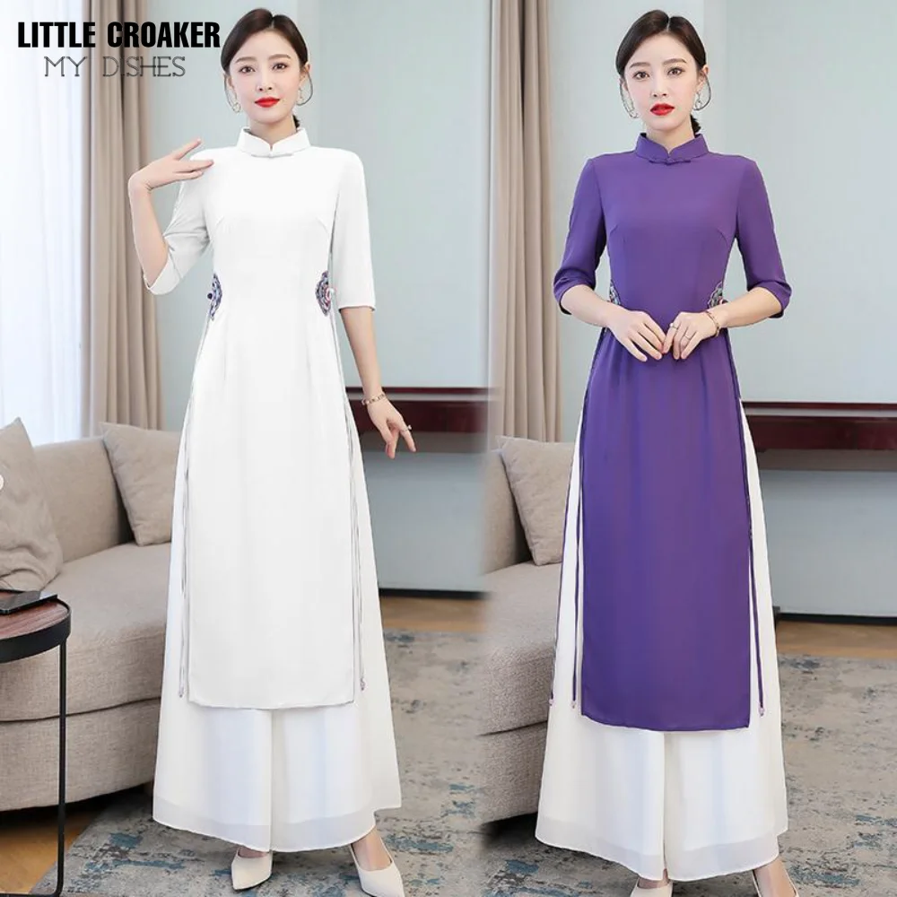 

Spring New Style Ao Dai Vietnam Traditional Dress Qipao Buddhist Clothes Women Pant Set Young Lady Vintage Cheongsam Suit