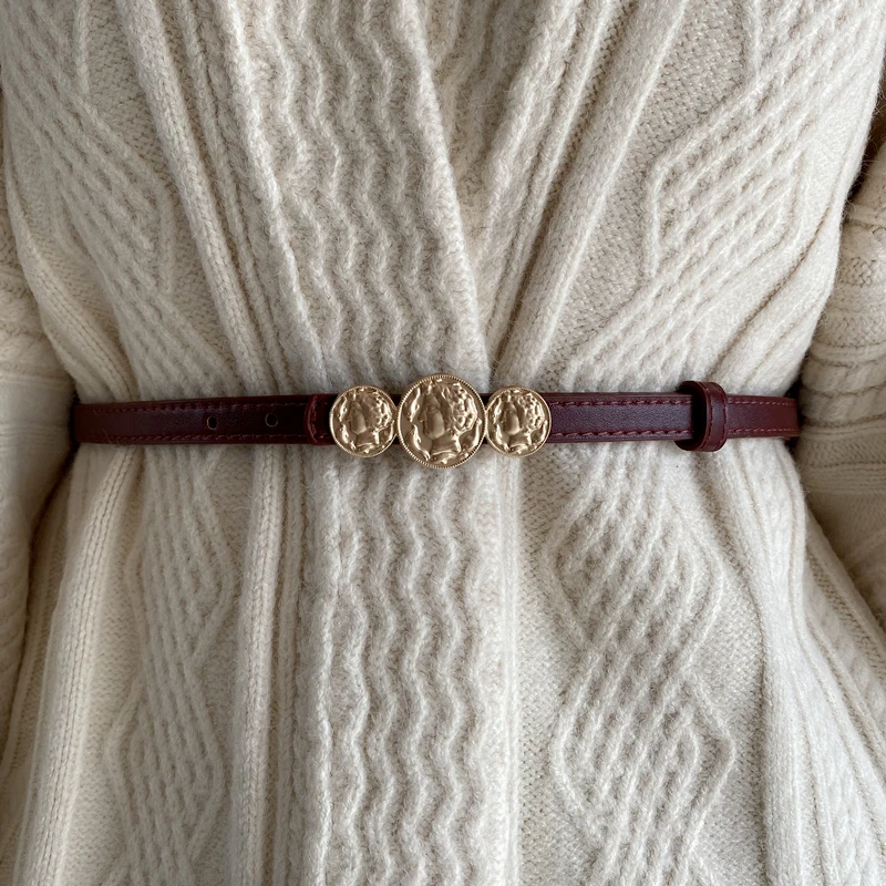 

Ремень кожаный женский, тонкий пояс для джинсов с золотой головой и монетами, шикарный дизайнерский винтажный пояс для платьев