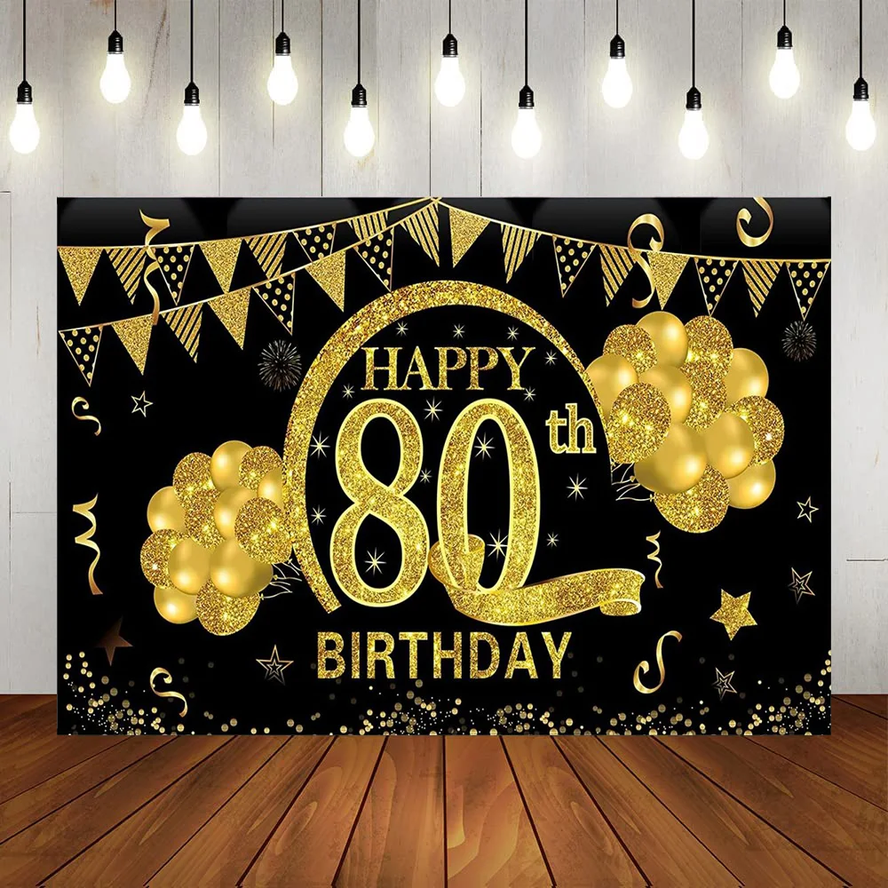 

Happy 80th Birthday Party Backdrop Decoration Gold Black Silver Balloon Diamond Photography Background Eighty Years Anniversary