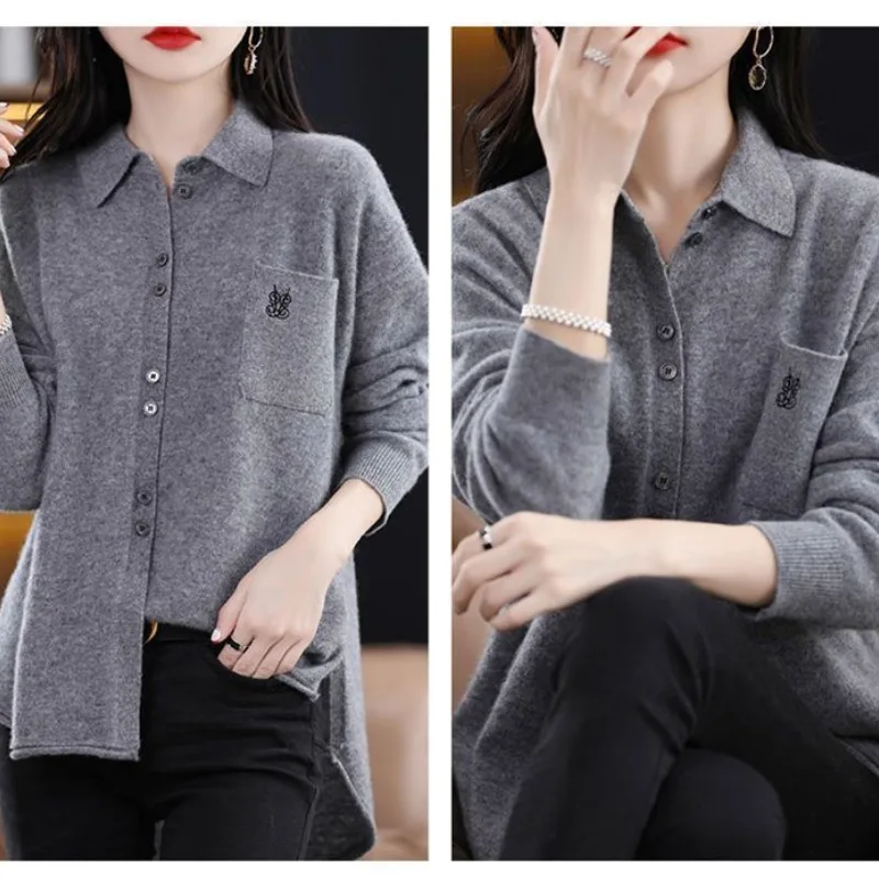 Весенне-осеннее женское однотонное поло с длинным рукавом вязаный кардиган