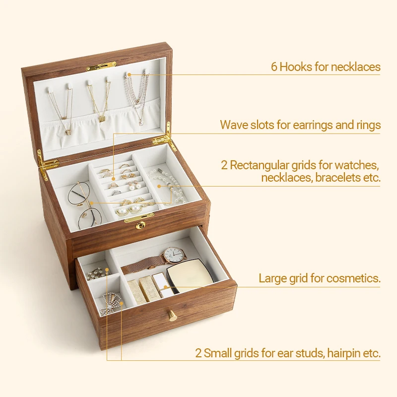 Double Layer Large Wooden Jewelry Box Organizer Women Men Jewelry Display Drawer Case Earrings Ring Necklace Jewellery Storage