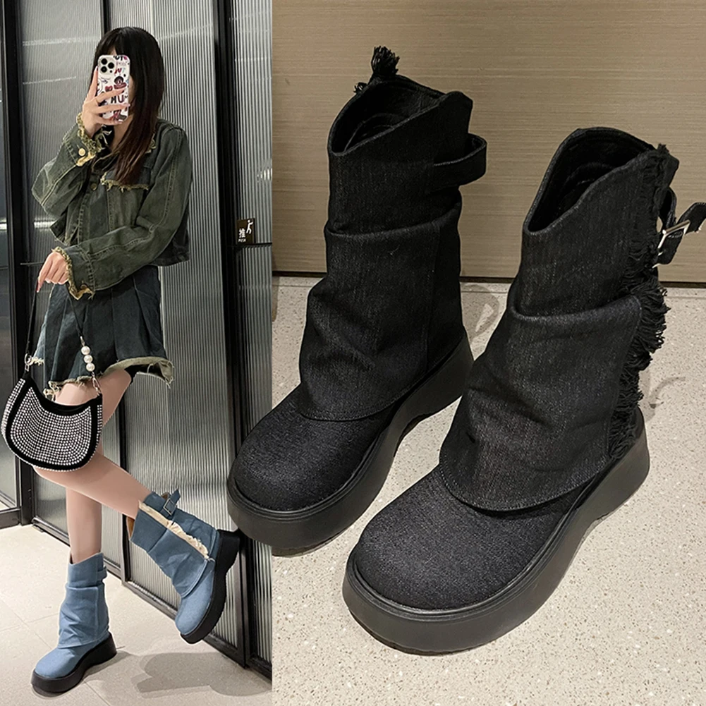 

Sorphio Platform Wedges Fashion Boots For Women Ankle Round Toed Fringed Buckle Decor Slouch Pleated Cowgirls Winter Booties