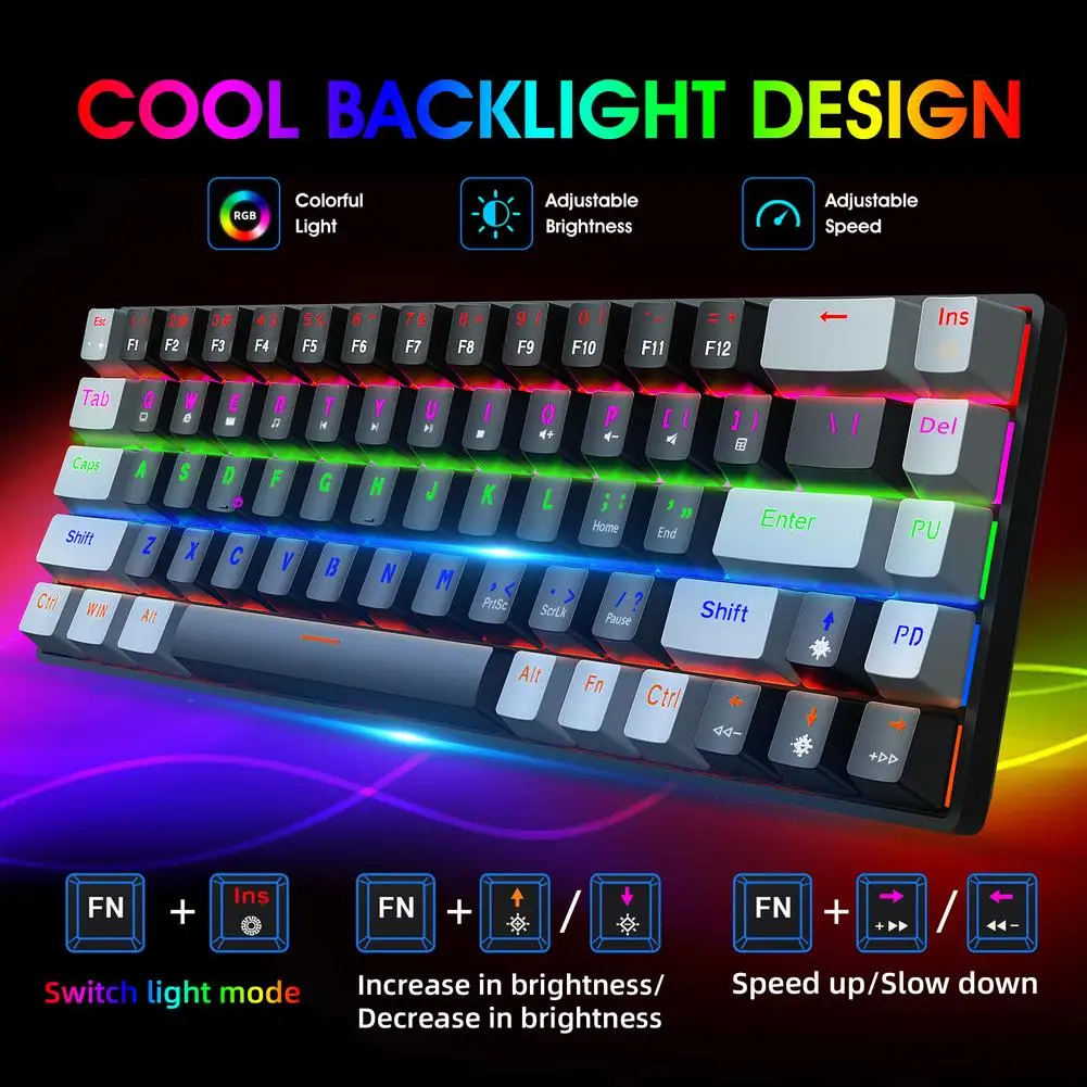 

68-key Blue Shaft Red Axis Mechanical Keyboard Dual Color RGB Multiple Backlit Key Line Separation Gaming Keyboard Type-C Wired