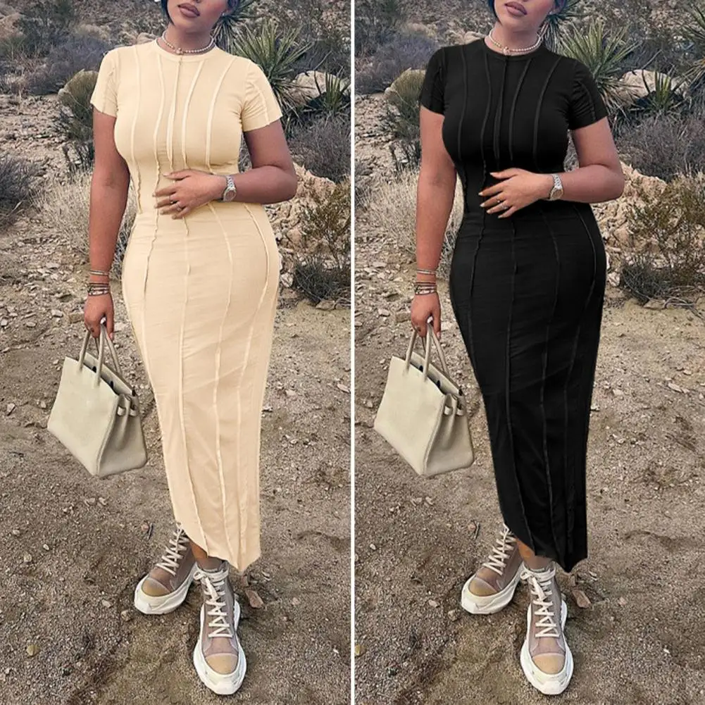 

Elegant Women Dress O-neck Short Sleeve Hip Wrap Ankle Length Maxi Dress Sewing Edge Decor Slim Pencil Dress Vestidos Club Wear