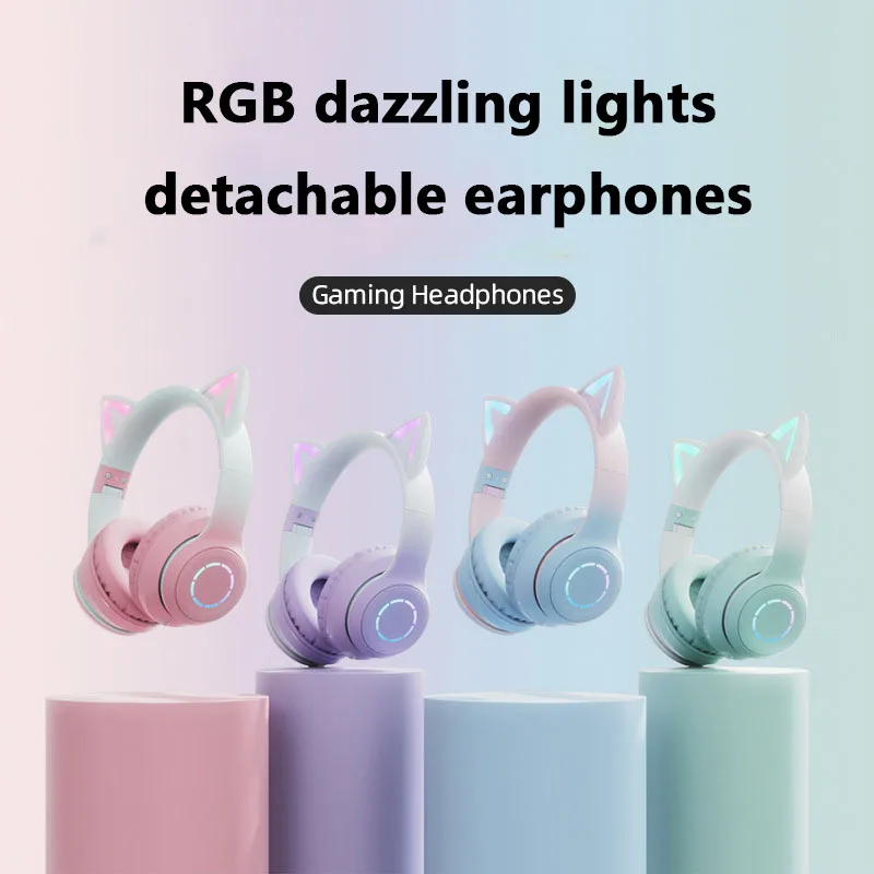 

Flashing LED Cute Cat Ears Headphones Bluetooth Wireless Headset with Mic TF FM Kid Girl Stereo Music Earbud Kitten Earphon Gift