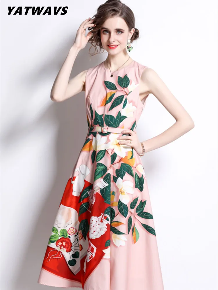 

YATWAVS New Summer Sleeveless Flower Pink Dress Runway Women Fashion Sweet Print Holidays Boho Tank Midi Dress Belt Vestidos