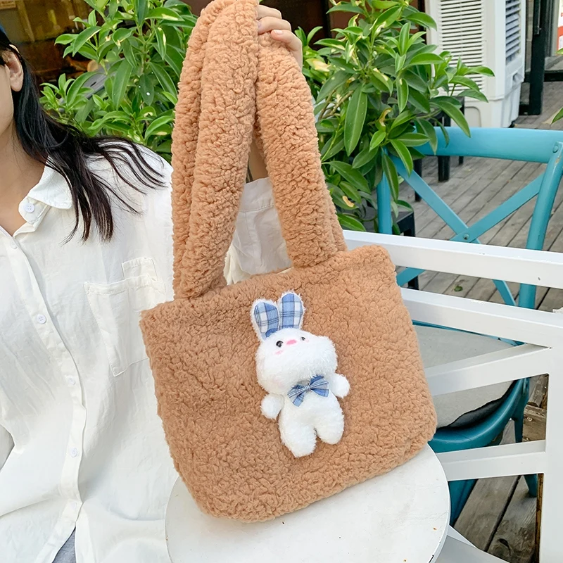 

Kawaii зимняя женская Повседневная сумка на плечо из овечьей шерсти, мягкая плюшевая женская сумка-тоут, Маленькая женская сумка из искусствен...