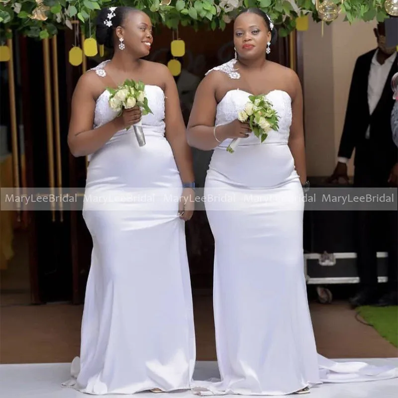 Белое платье подружки невесты с юбкой-годе кожаной сеткой аппликация на одно