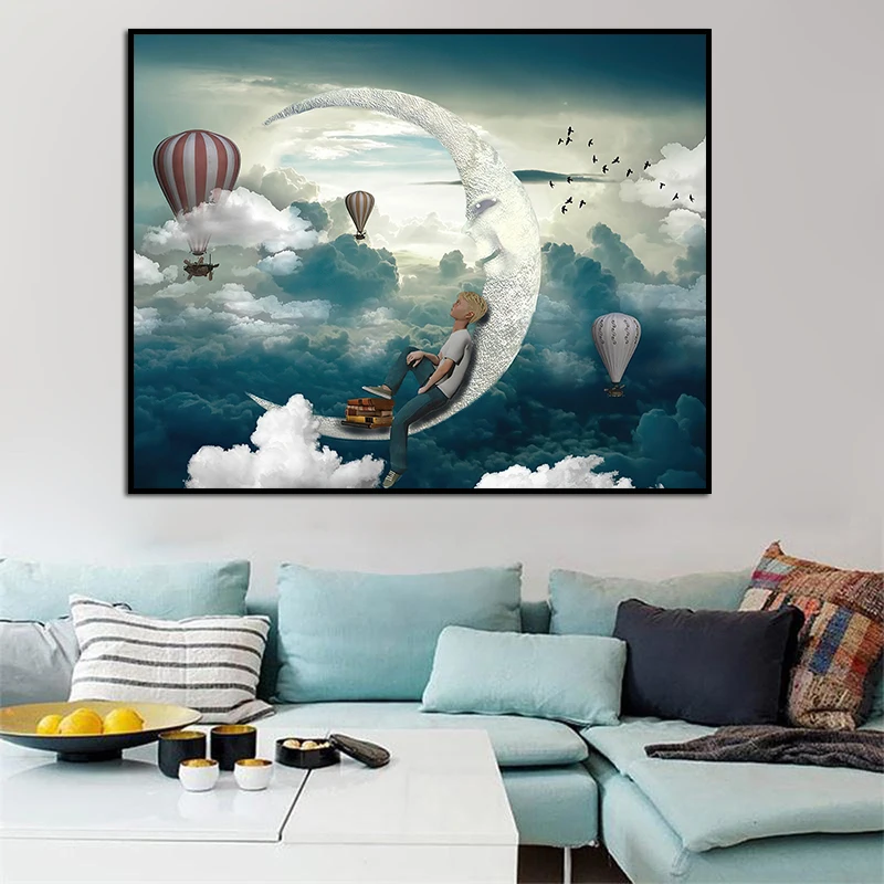 

Surrealism The Boy Sitting On The Moon Picture Poster And Prints Painting Abstract Wall Art Canvas For Childrens Bedroom Decor