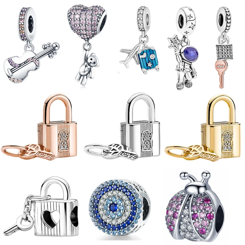

New 925 Sterling Silver Blue Pendant Padlock & Key Dangle Charms Fit Original Pandora Charms Bracelet For Women DIY Jewelry