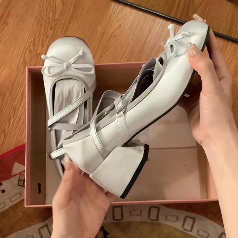 

2023 New Designers Women Mary Jane Shoes Fashion Butterfly-knot Shallow Thick Heel Shoes Ladies Elegant Round Toe Pumps Shoes
