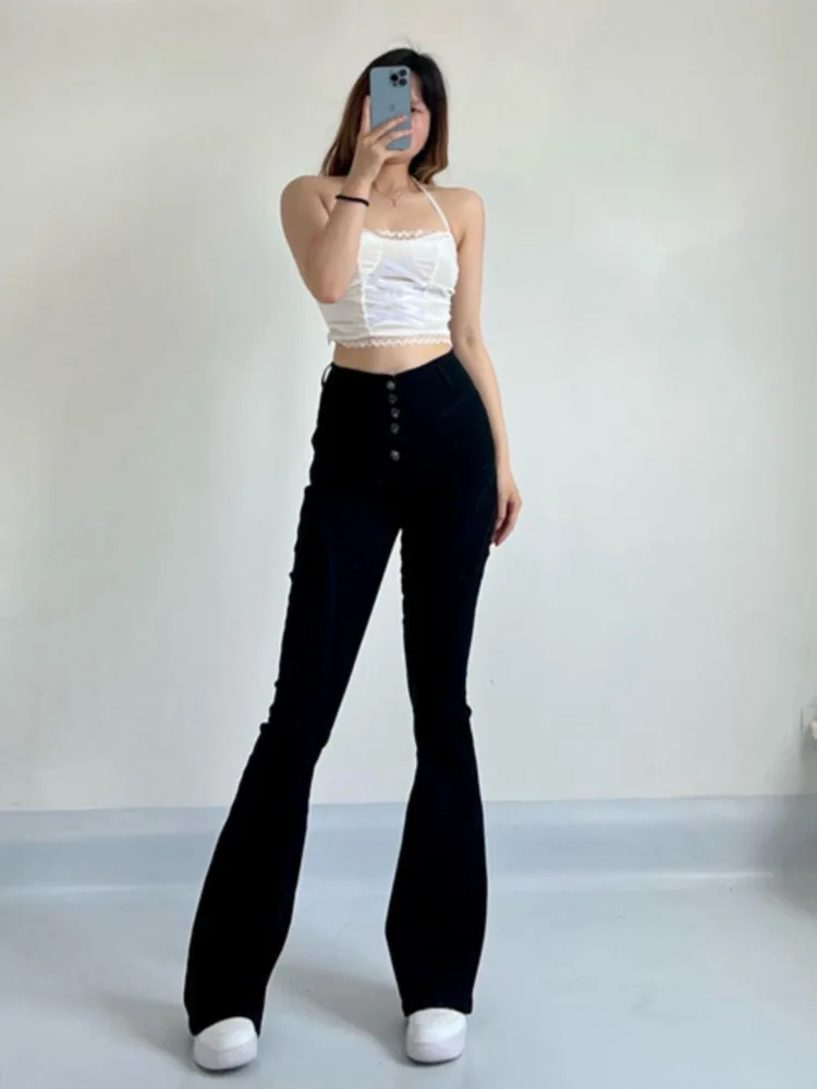 

WOMONGAGA Korean Classic High Waist Niche Design Stitching Denim Flared Pants Retro Single Breasted Stretch Women's ClothingEEIS