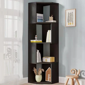 4 Tier Wooden Bookcase Corner Tall Book Shelf Modern Rotating Storage Display Rack Floor Standing Shelves Unit for Home Office