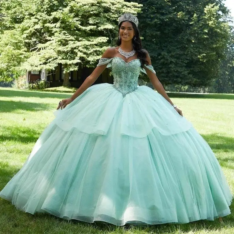 Mint Green Shiny Quinceanera Dresses Sweetheart Off Shoulder Birthday Sequined Lace Beads Princess Gowns vestidos de 15