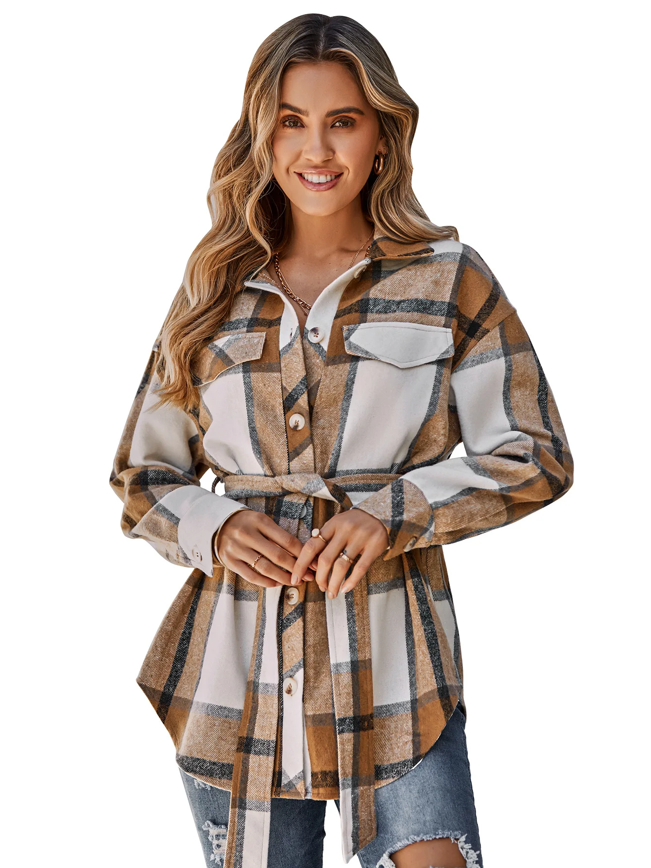 

Women's Blouses Single breasted casual plaid belt shirt coat