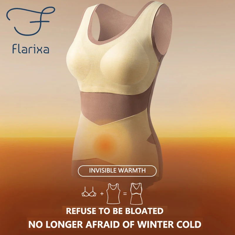 Flarixa One Piece Seamless Women Thermal Underwear Slim Fit Winter Clothes Warm Intimates  Chest Pad Bottoming Vest Lingerie