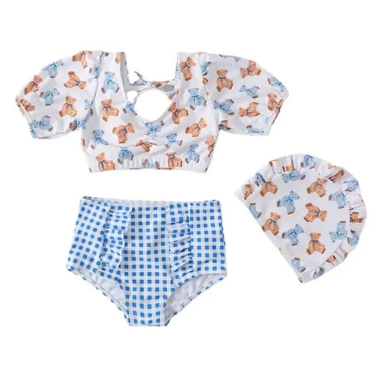 

Розничная продажа, детские летние купальники в Корейском стиле, комплекты из 3 предметов с героями мультфильмов, топ + шорты + шапочка, фонарик принцессы