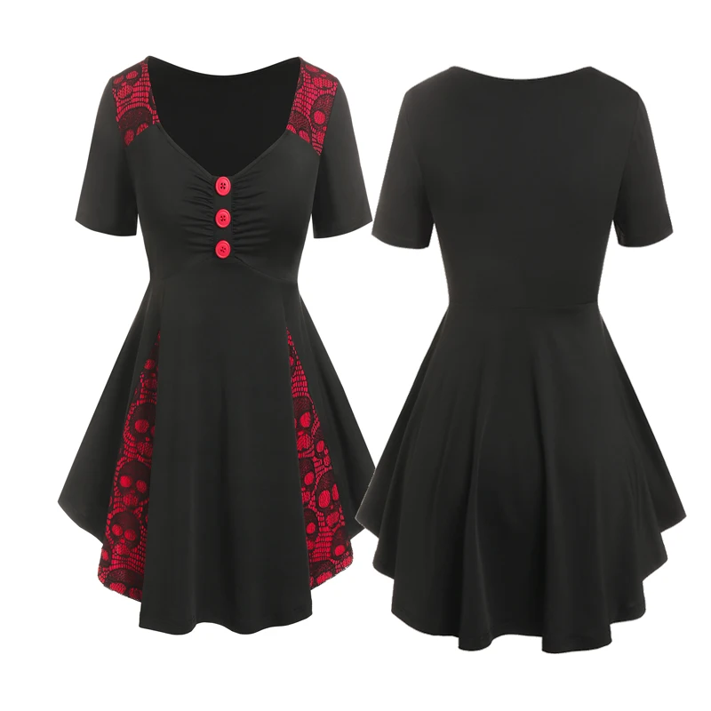 

Women's Short Sleeve V Neck Button Front Gothic ;ace Ruched Swing Cocktail Tunic Blouse Tank Top