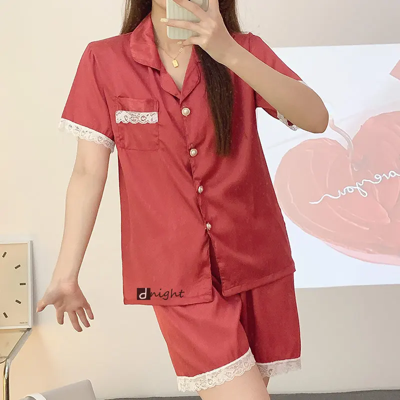 Summer Plus Size Womens Silk Satin Pajamas Set For Womens Sleep Two Piece Set Loungewear Loose M-5XL Sleepwear Pyjamas