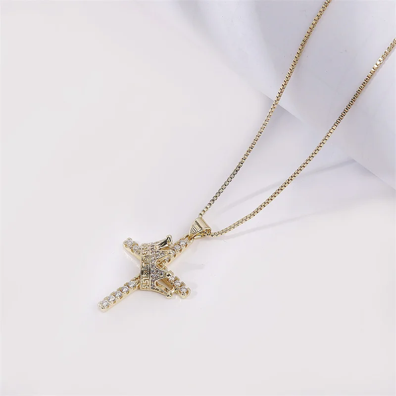 

2022 Evil Eye Religious Copper Necklace For Women Charms Trendy Cross Crown Rhinestone Female Ethnic Fashion Jewelry Wholesale