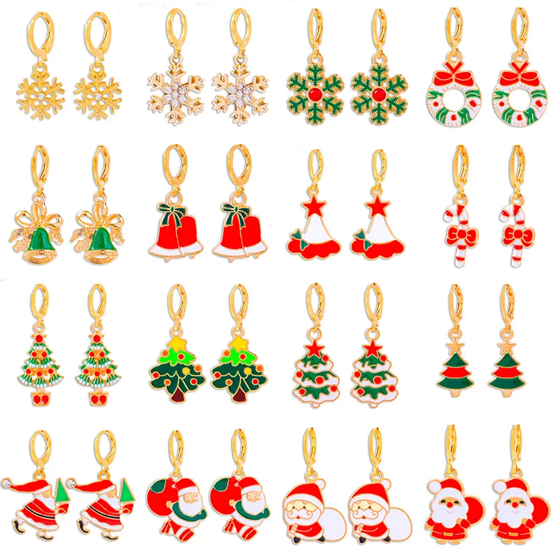 

Cute Merry Christmas Cartoon Dangle Earrings Set Enamel Bell Santa Claus Tree Candy Drop Earring For Women Party Jewelry Gift