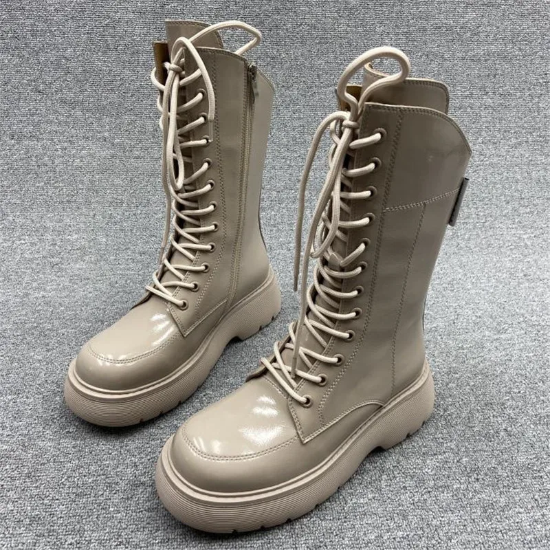 

Genuine Leather Spring Autumn Women Ankle Boots Winter Low Heel Classic Cross Strap Round Toe Zipper Black Beige Short Shoes
