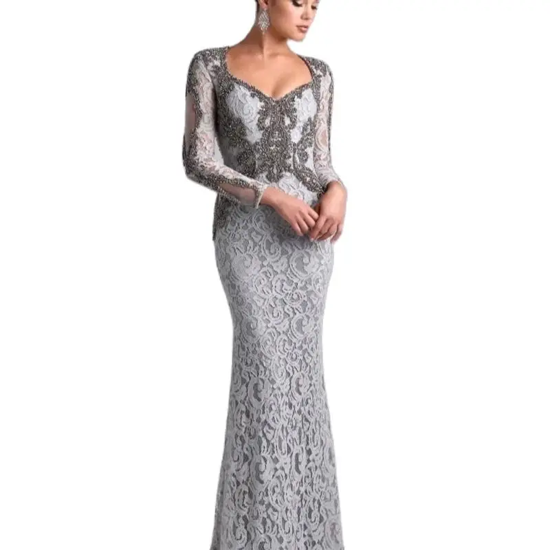 

Latest Elegant Silver Mermaid Lace Mother of the Bride Dresses Long Sleeves V Neckline Beading Bodice Wedding Guest Gowns
