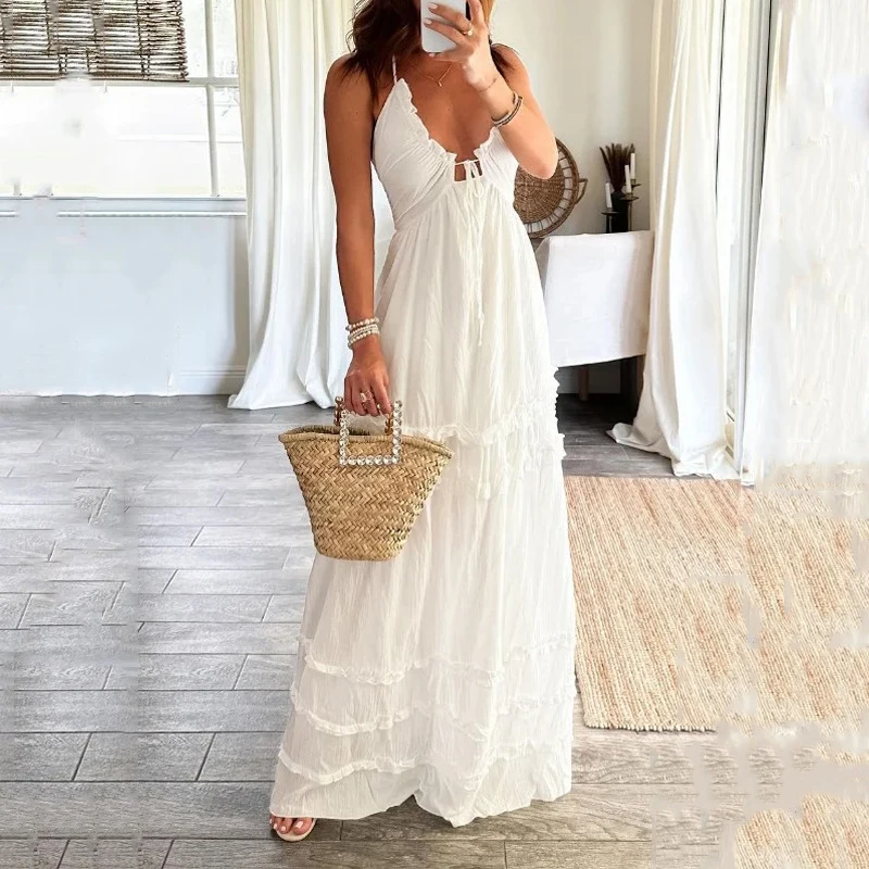 

Элегантное женское облегающее пляжное платье с лямкой на шее, привлекательное праздничное белое платье с бантом и открытой спиной, Летние Плиссированные Платья с глубоким V-образным вырезом и кулиской