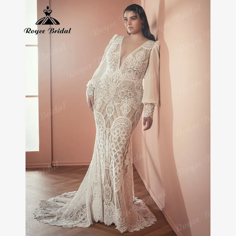 Кружевное свадебное платье русалки в стиле бохо с длинным рукавом и v-образным