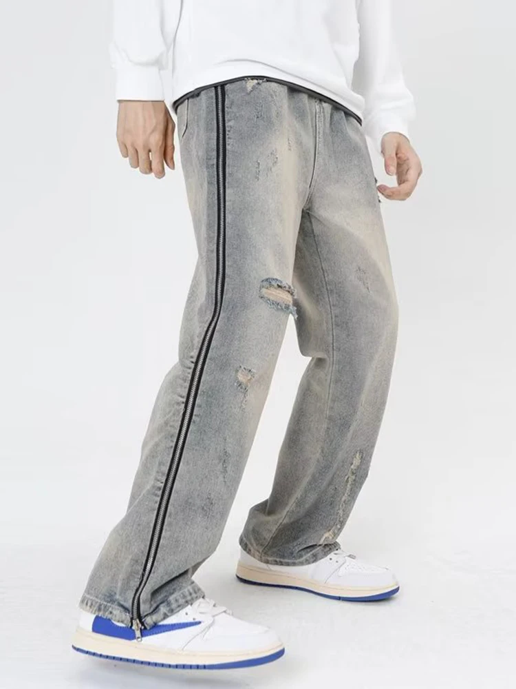 Wide Leg Cargo Pants Streetwear Baggy Jeans New Spring Autumn Men Jeans Ripped Loose Straight Male Brand Clothing Blue Denim