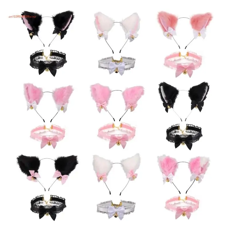 

2pcs Cats Ear Headband with Lace Choker Halloween Cosplay Costume Party Decor