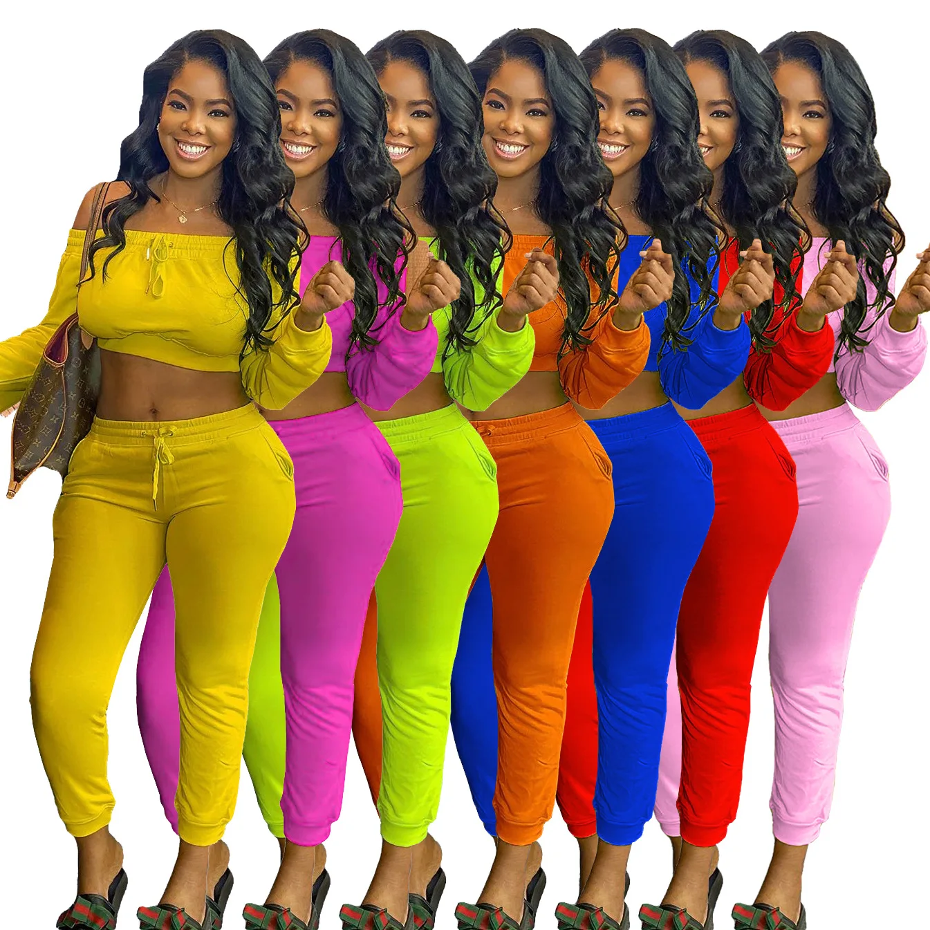 

AL112 Fashion Sports Two Piece Set Ladies Solid Long Sleeve One Shoulder Top and Elastic Waist Pants Lady Casual Sports Suit