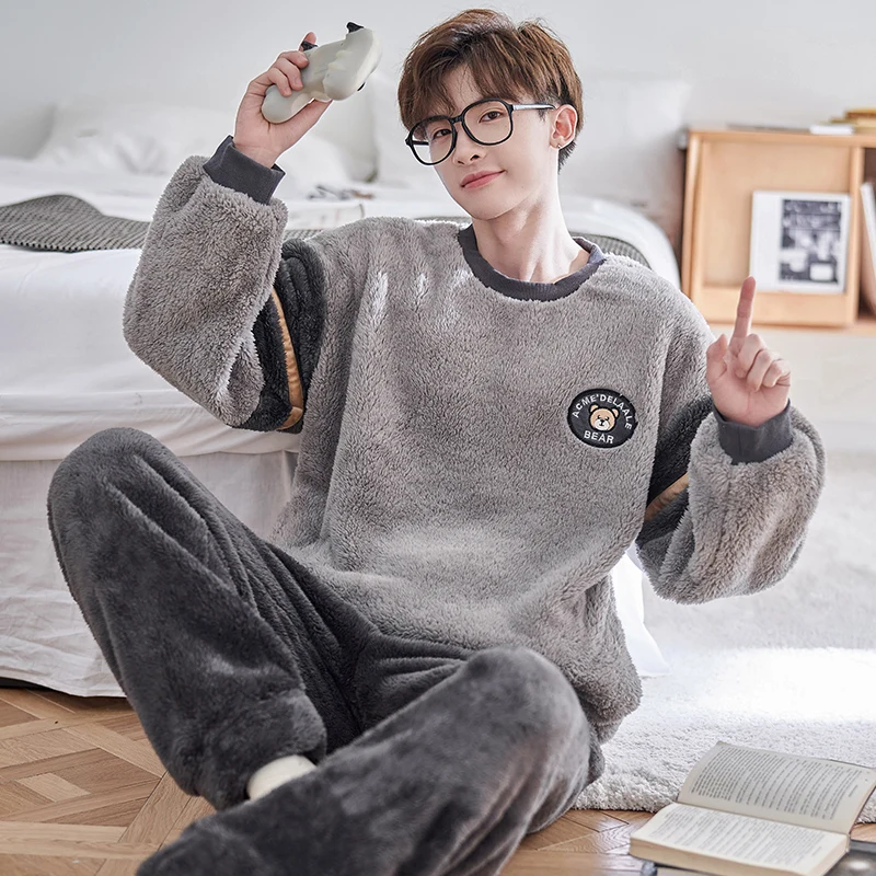 FUNISHI Winter Pajamas Loose Version Pajama Set Inspissate Flannel Pullover Sleepwear Cartoon Men's pijama Plus Size 4XL