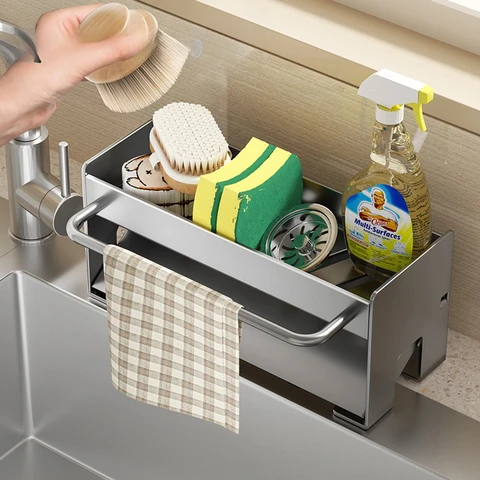 Держатель для кухонной губки, сливная полка для раковины, вешалка для полотенец, органайзер для хранения в ванной комнате, черный, белый, серый, аксессуары из нержавеющей стали