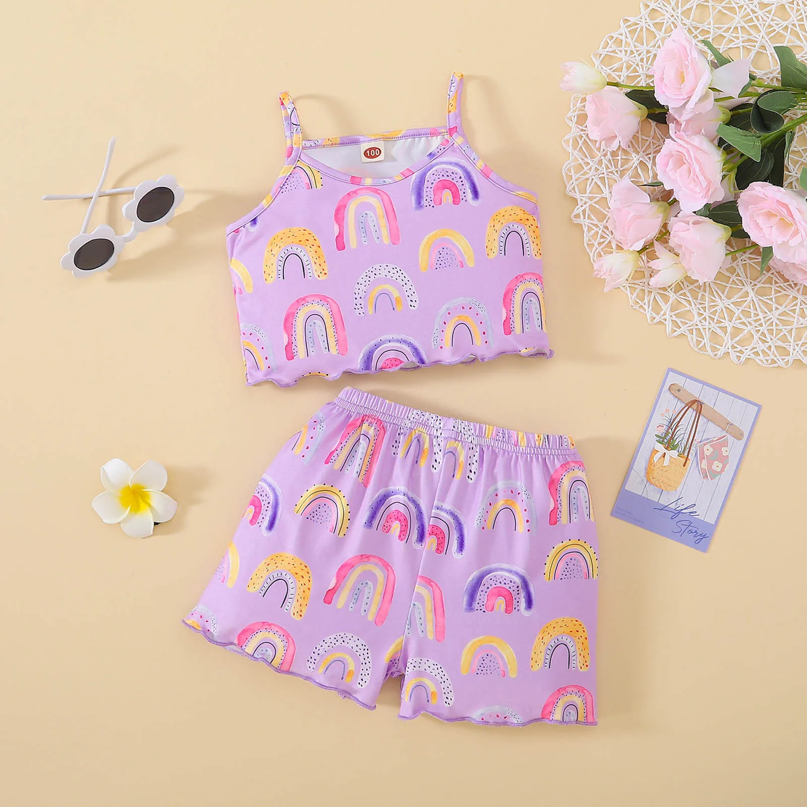 

Футболка без рукавов с принтом радуги для маленьких девочек топы, жилет, шорты, наряды осенняя одежда для маленьких девочек