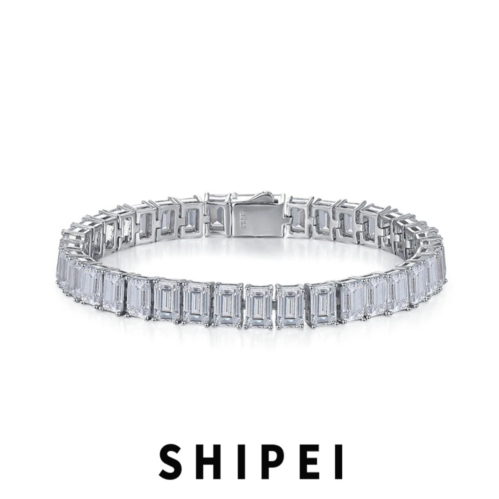 

SHIPEI Solid 925 Sterling Silver Emerald Cut 4*6 MM White Sapphre Gemstone Fine Jewelry 18K Gold Plated Couple Bracelets Bangle